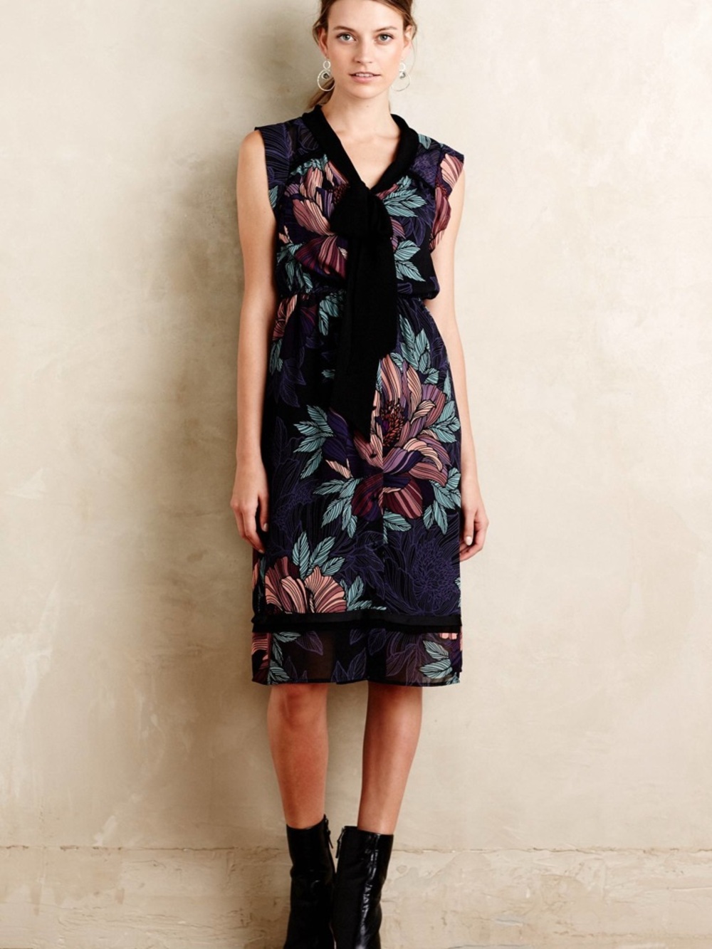 Maeve Black Floral Tie-Neck Midi Dress with Teal and Mauve Accents
